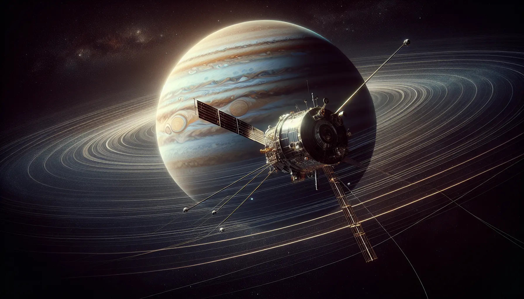 Immagine della sonda Pioneer 10 in viaggio nello spazio, con Giove sullo sfondo.