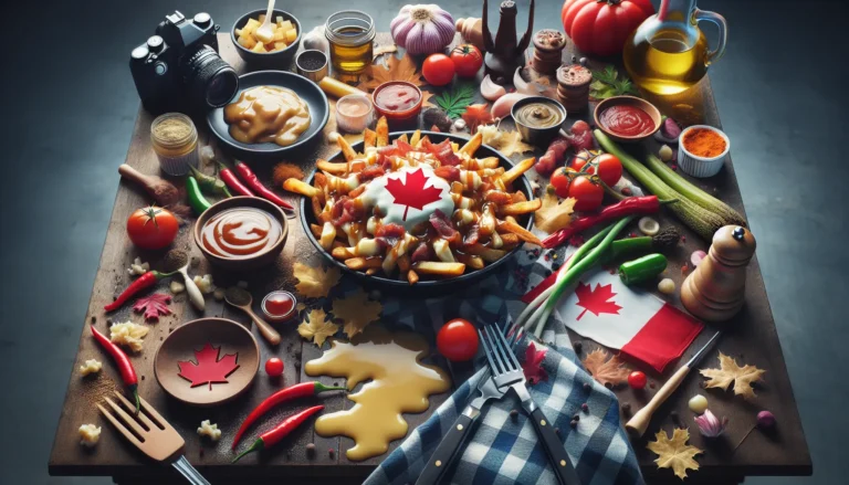 Un piatto di poutine con patatine fritte, formaggio e salsa gravy, servito in un ambiente conviviale.