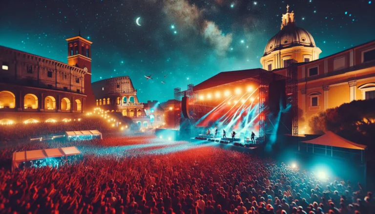 Un pubblico entusiasta al Rock in Roma, con artisti sul palco e luci colorate che illuminano la scena.