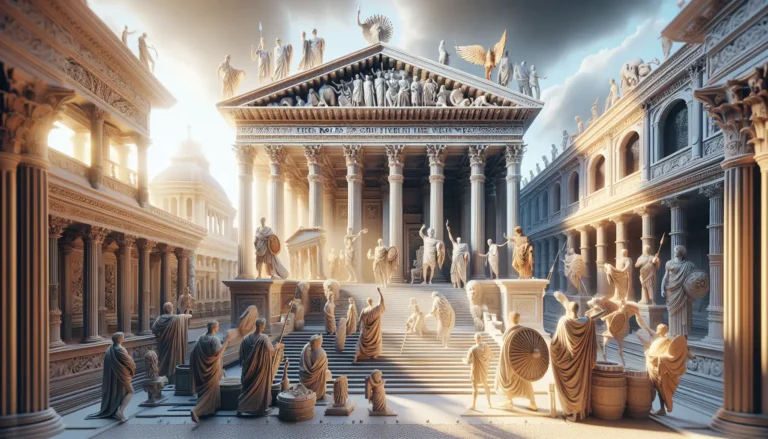 Rappresentazione artistica di un imperatore romano in abiti regali, circondato da simboli di potere e cultura.