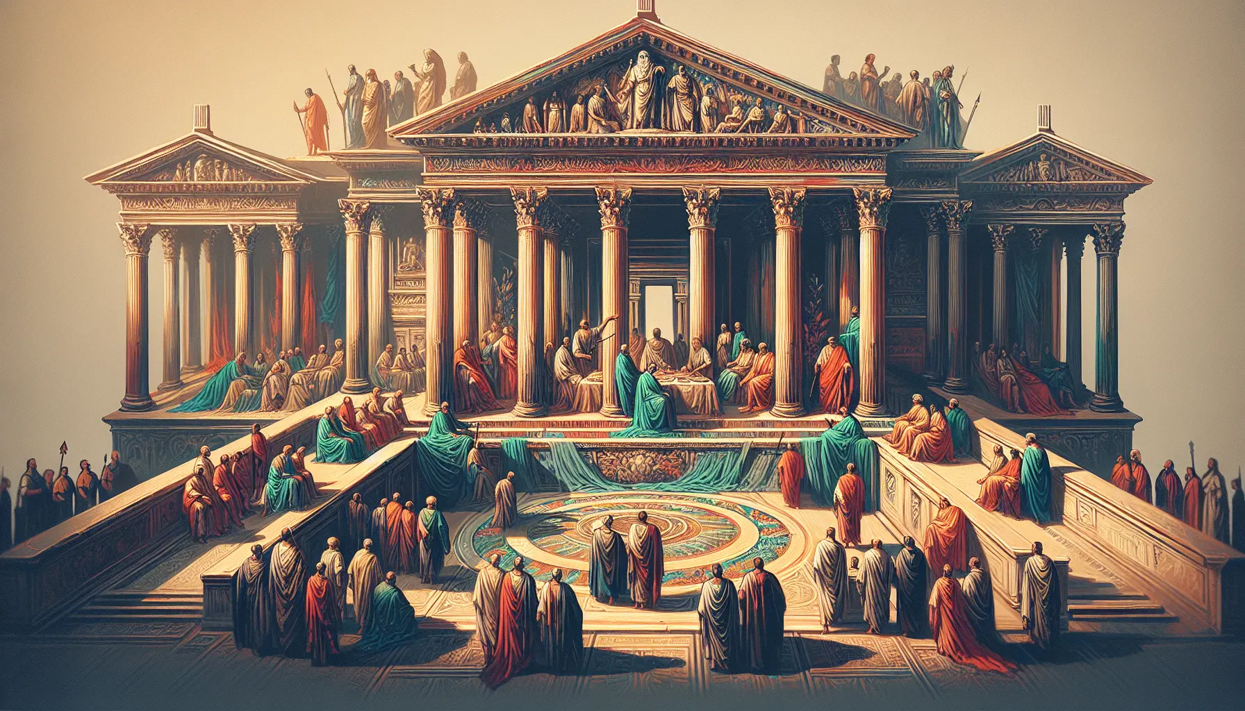 Rappresentazione artistica del Senato romano con senatori in toga che discutono in un ambiente storico.