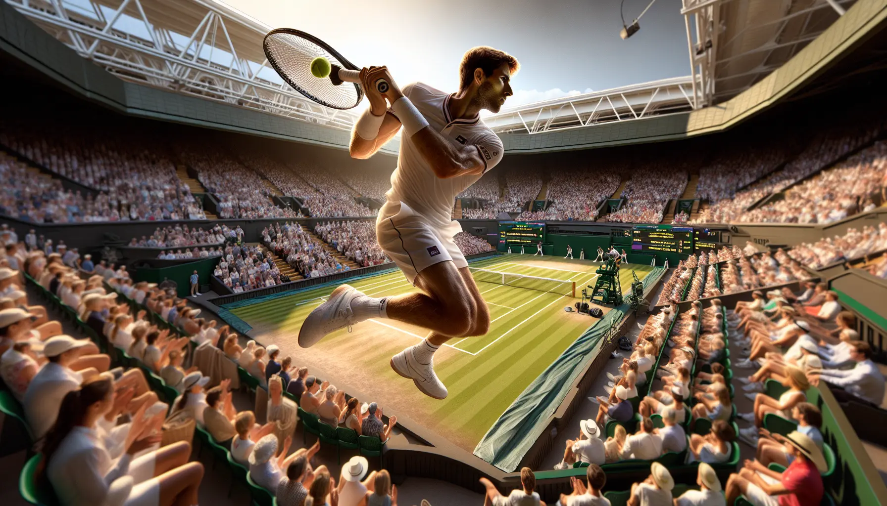 Giocatori di tennis in azione durante il torneo di Wimbledon, con il campo in erba e il pubblico entusiasta sullo sfondo.
