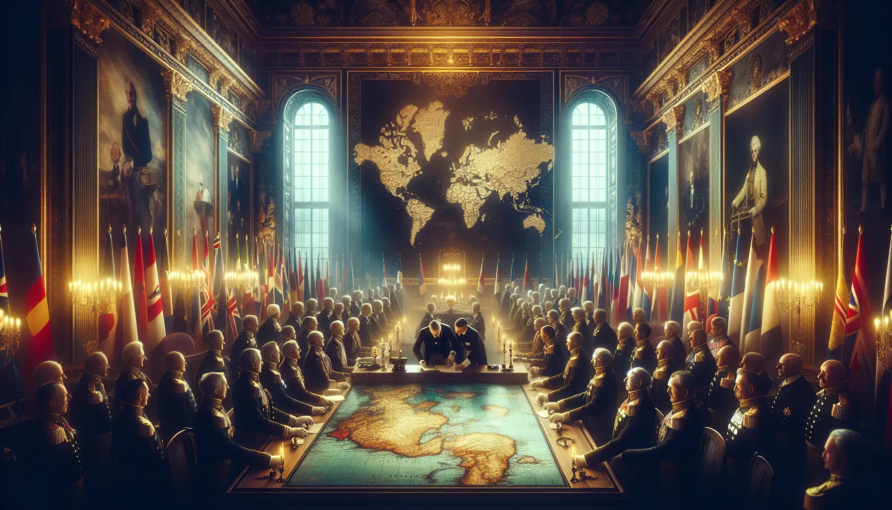 Un'immagine storica della firma del Trattato di Versailles, con leader mondiali riuniti attorno a un tavolo.
