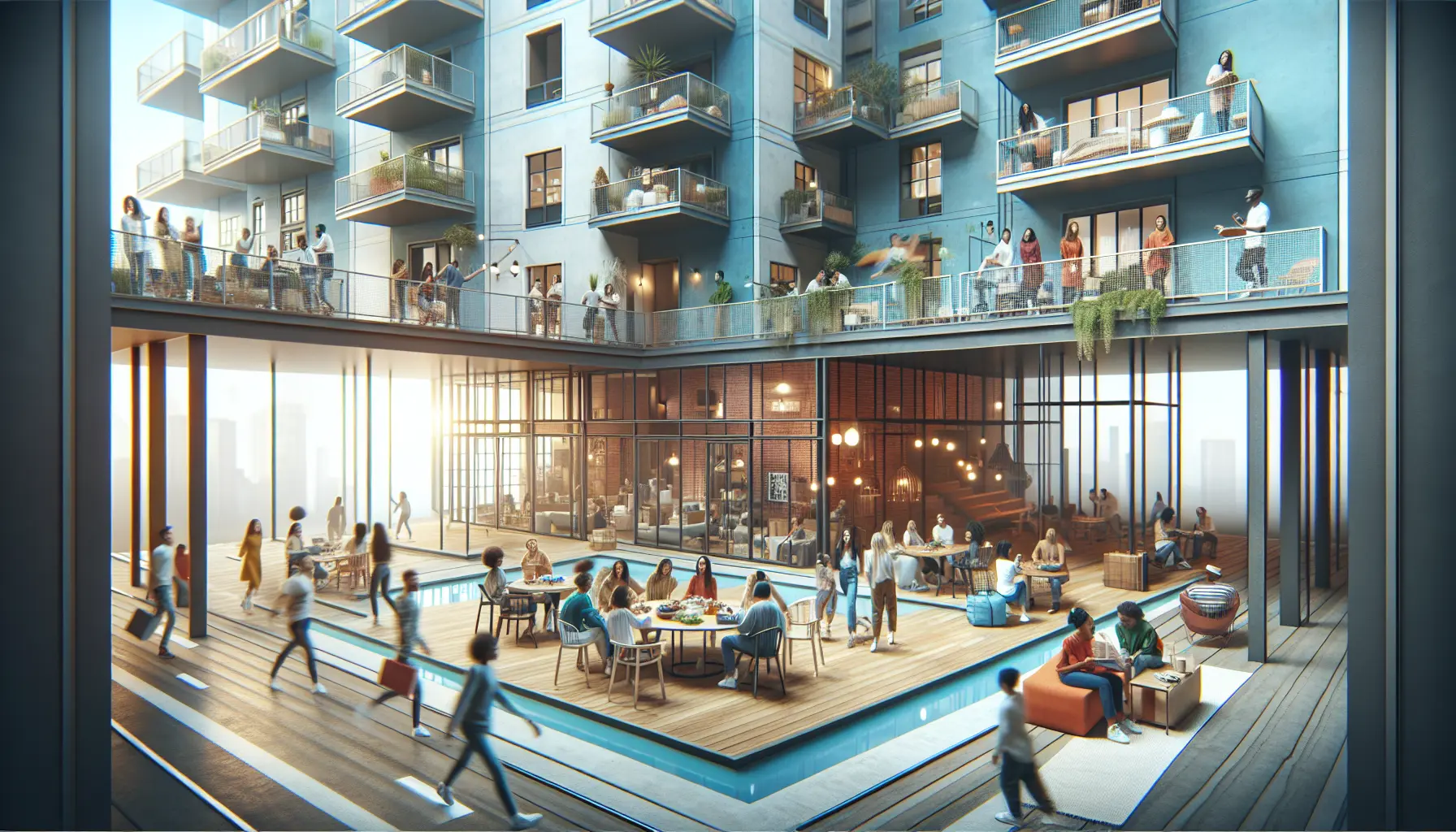 Spazio di co-living moderno con aree comuni e residenti che interagiscono
