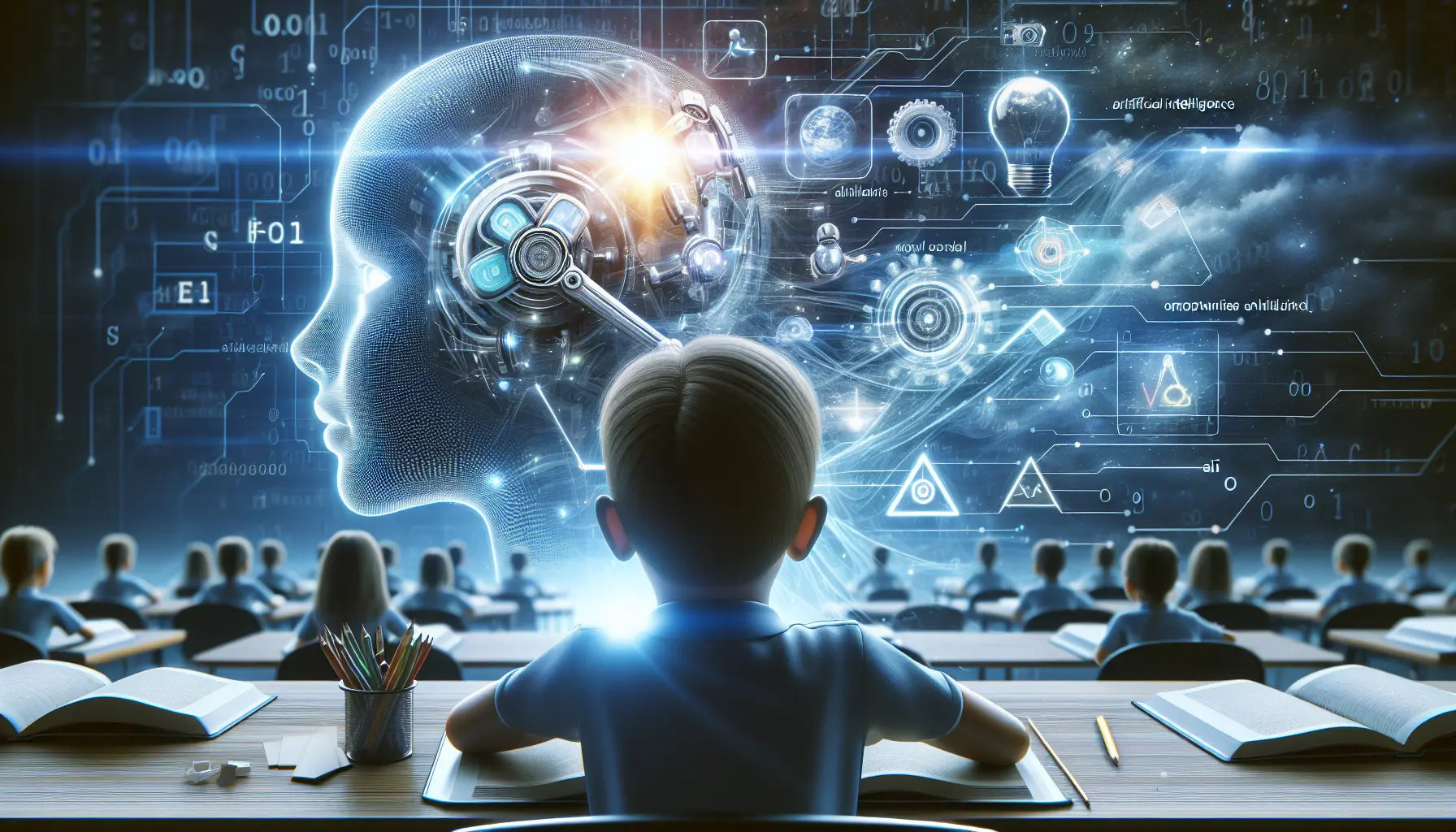 Un'immagine rappresentativa di studenti che utilizzano tecnologia avanzata per apprendere, circondati da computer e assistenti virtuali.