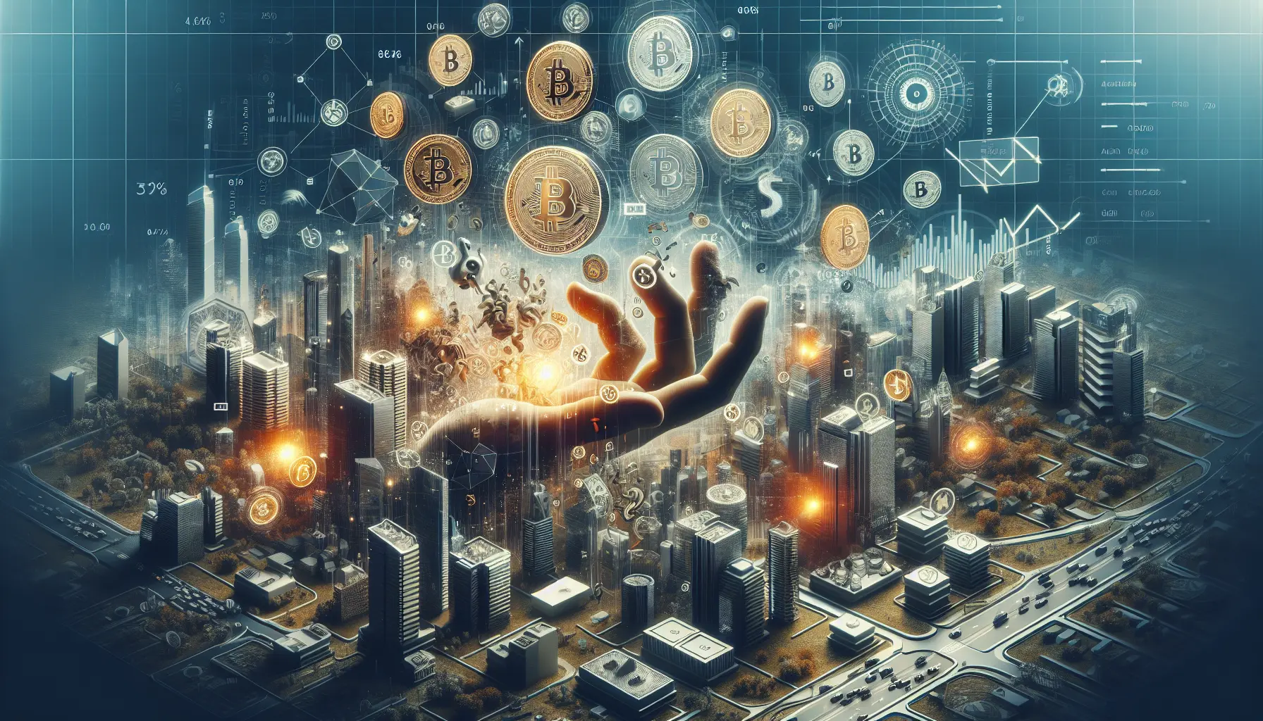 Un grafico di crescita delle criptovalute con simboli di Bitcoin, Ethereum e altre monete digitali sullo sfondo.