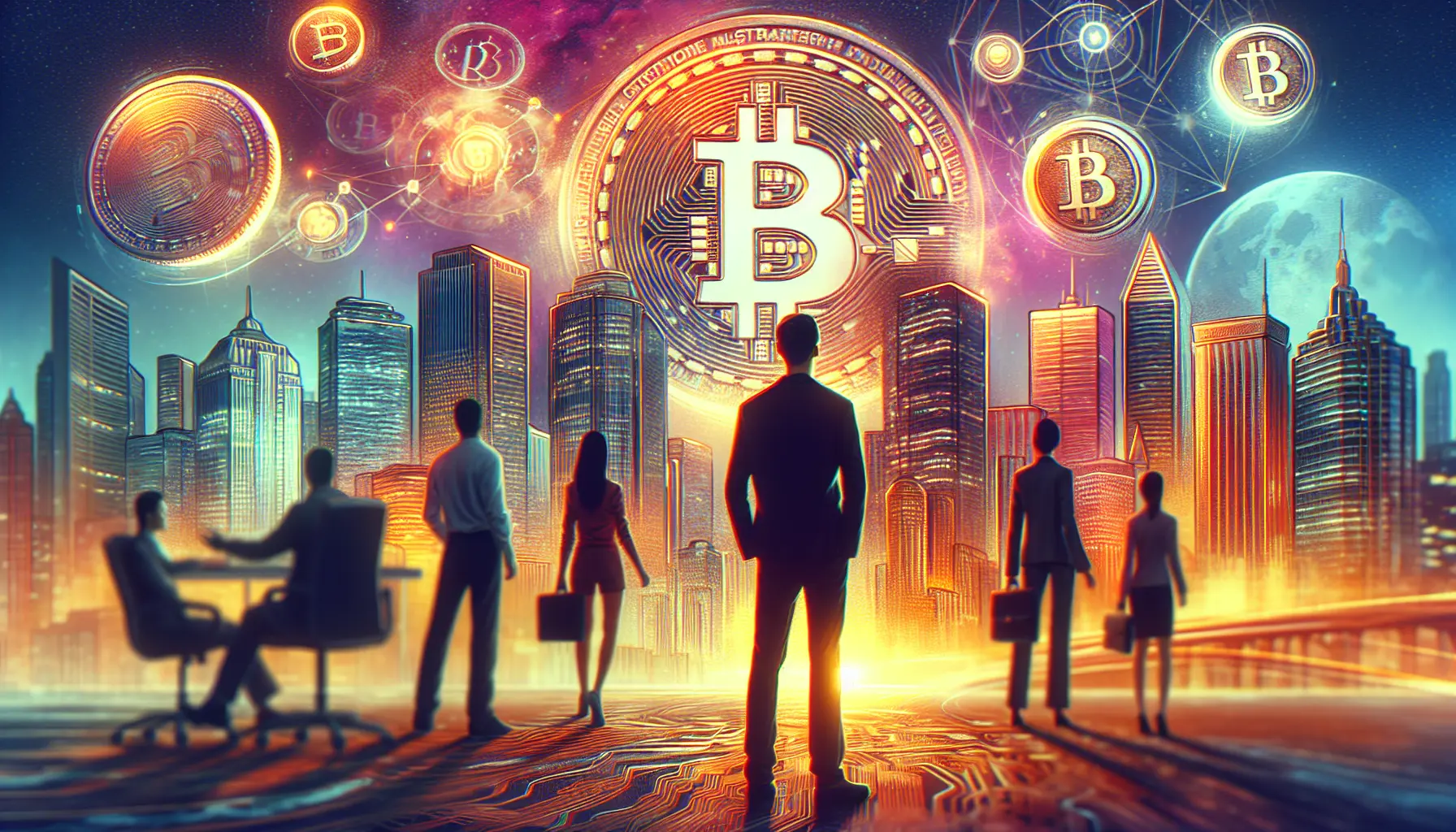 Un giovane investitore che esplora il mondo delle criptovalute, circondato da grafici e simboli digitali.