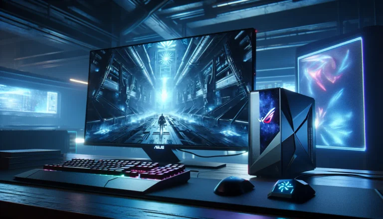 Un gamer che utilizza l'Asus ROG Ally X in un ambiente di gioco immersivo, circondato da luci LED e accessori tecnologici.