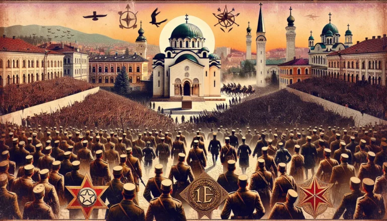 Rappresentazione storica dell'attentato di Sarajevo con l'arciduca Francesco Ferdinando e sua moglie Sofia.