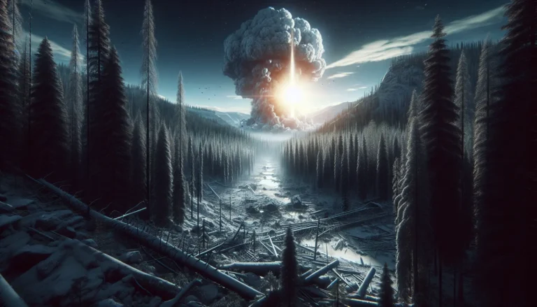 Una foresta Siberiana distrutta dall'esplosione di Tunguska, con alberi abbattuti e una luce misteriosa nel cielo.