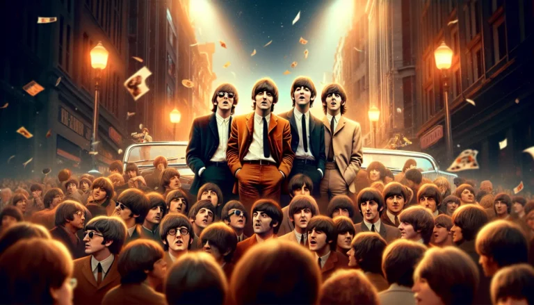 Un'immagine iconica dei Beatles con i loro strumenti musicali, simbolo di un'epoca di innovazione e cambiamento culturale.