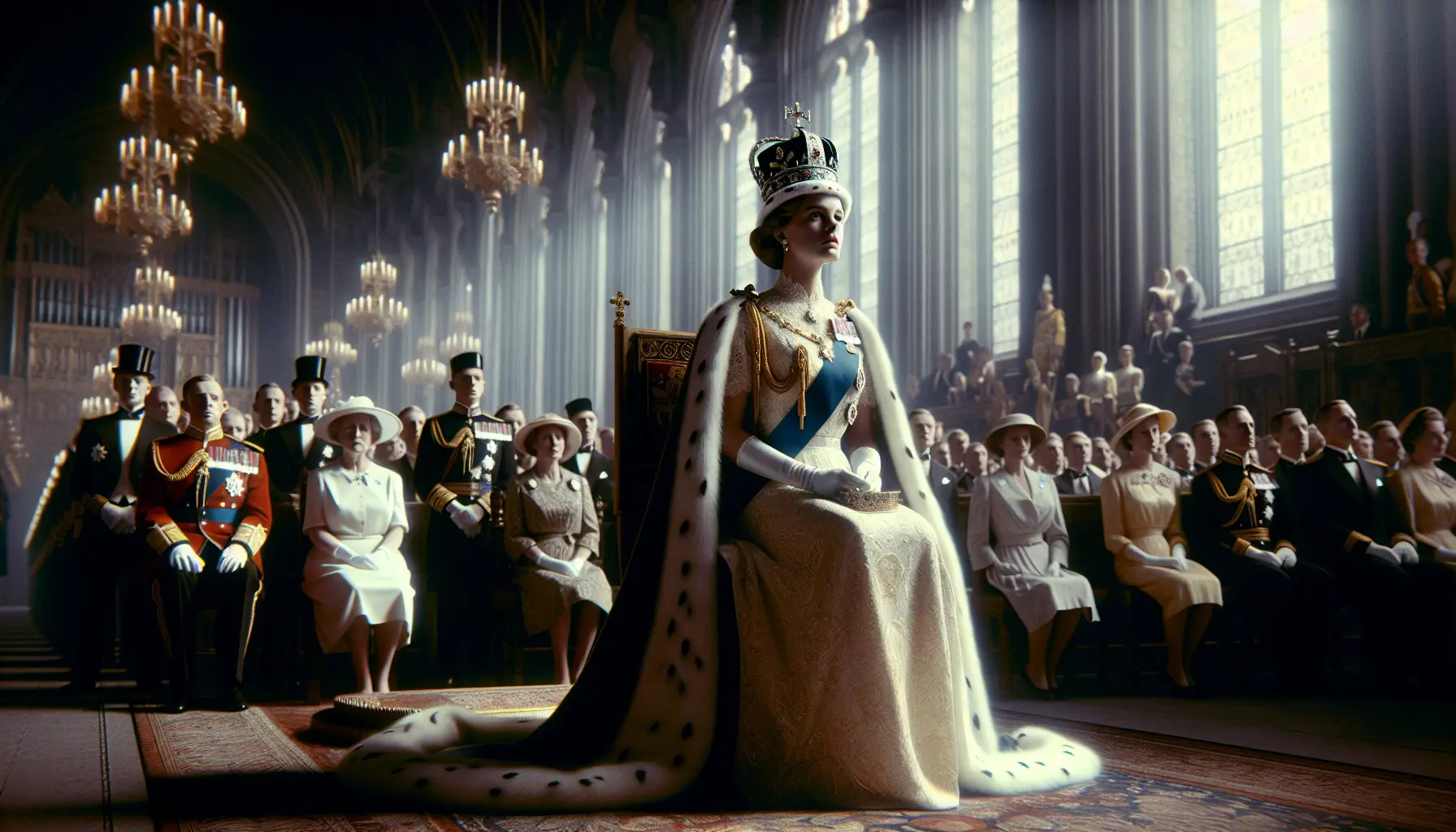 Cerimonia di incoronazione della regina Elisabetta II nell'abbazia di Westminster, con la regina che indossa la corona e abiti regali circondata da dignitari.