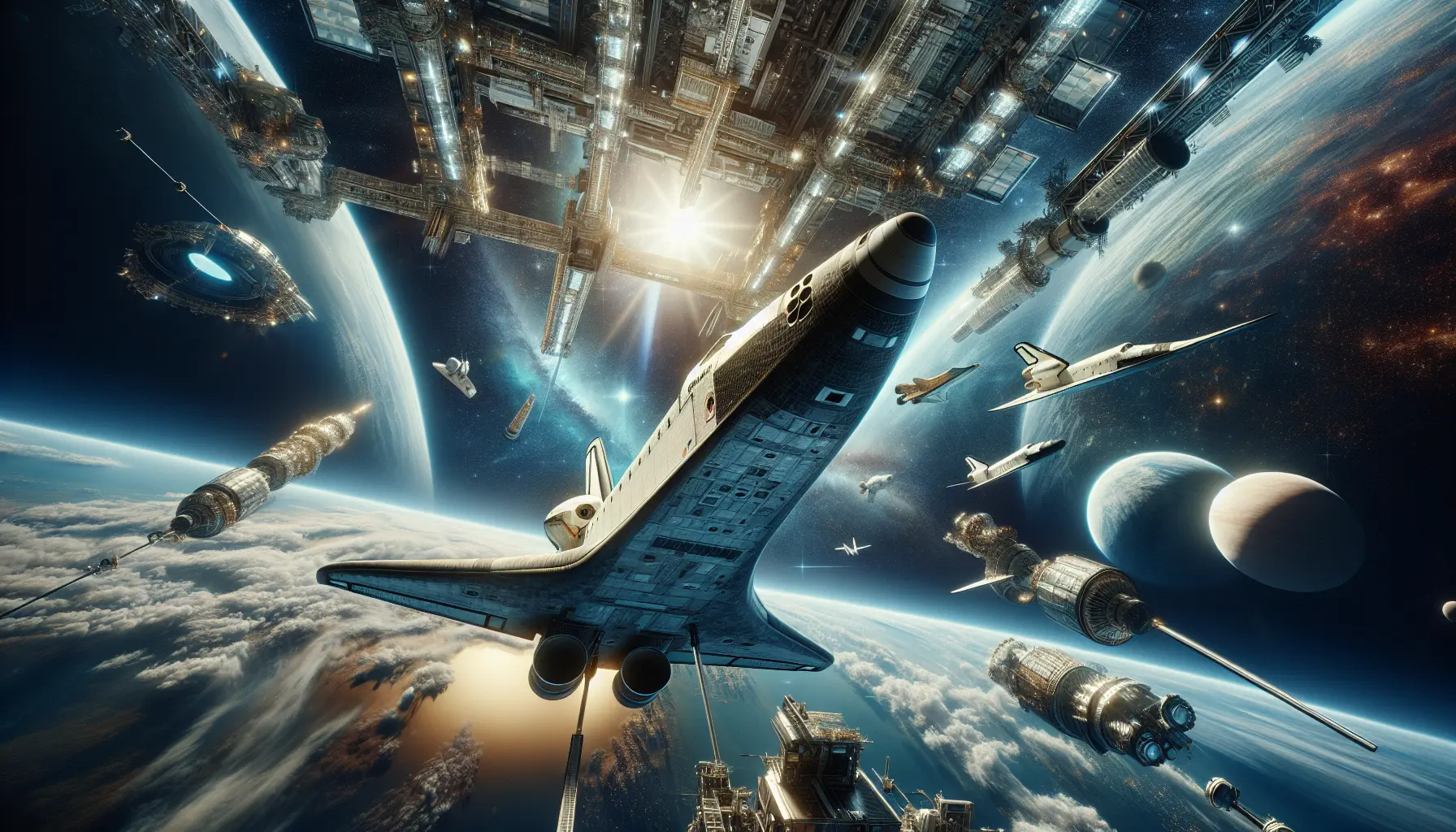 Un'immagine dello Space Shuttle in volo, simbolo di esplorazione spaziale e innovazione tecnologica.