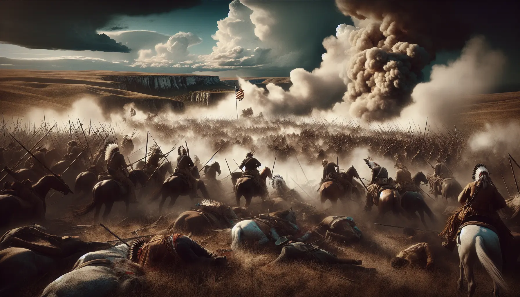 Rappresentazione artistica della Battaglia del Little Bighorn con guerrieri nativi americani e soldati americani in conflitto.