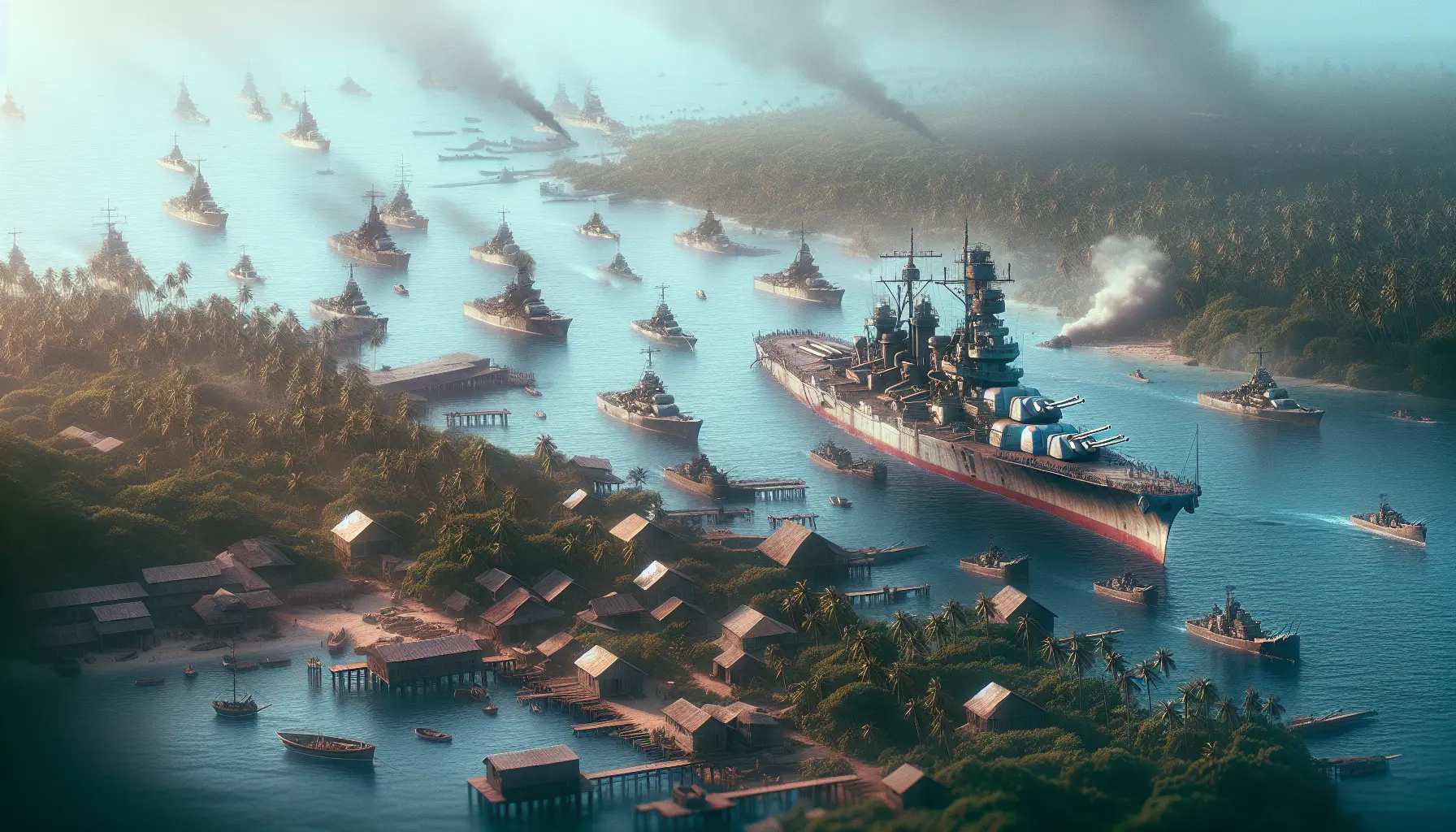 Rappresentazione della Battaglia delle Midway con navi e aerei in azione nel Pacifico.