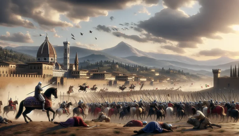 Rappresentazione della Battaglia di Campaldino con soldati guelfi e ghibellini in conflitto sul campo.