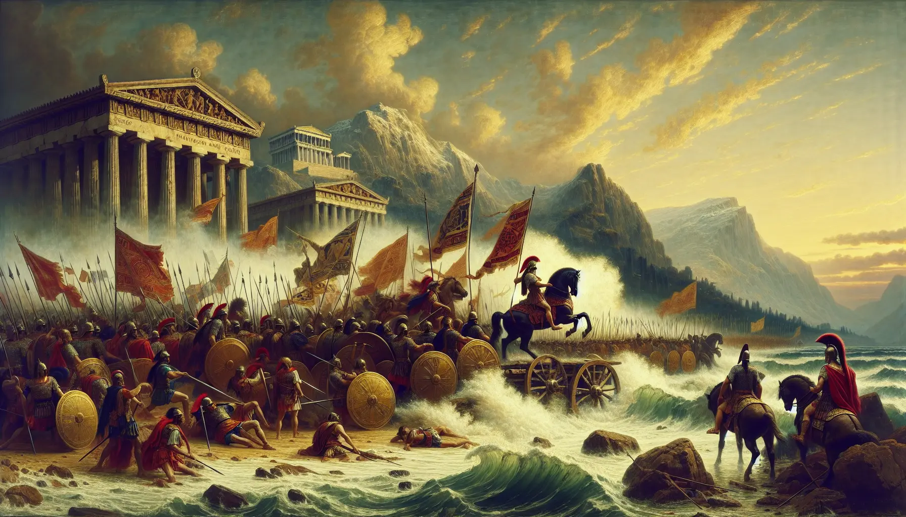 Rappresentazione artistica della battaglia di Pidna, con soldati romani e macedoni in conflitto sul campo di battaglia.