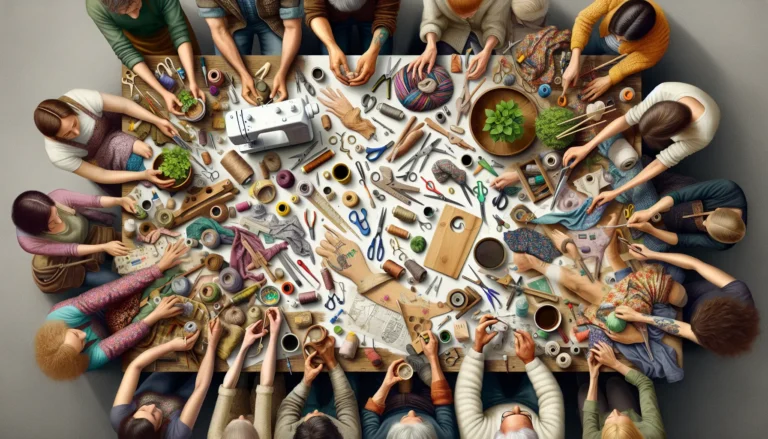 Un artigiano al lavoro su un progetto di fai-da-te, circondato da materiali e strumenti creativi.