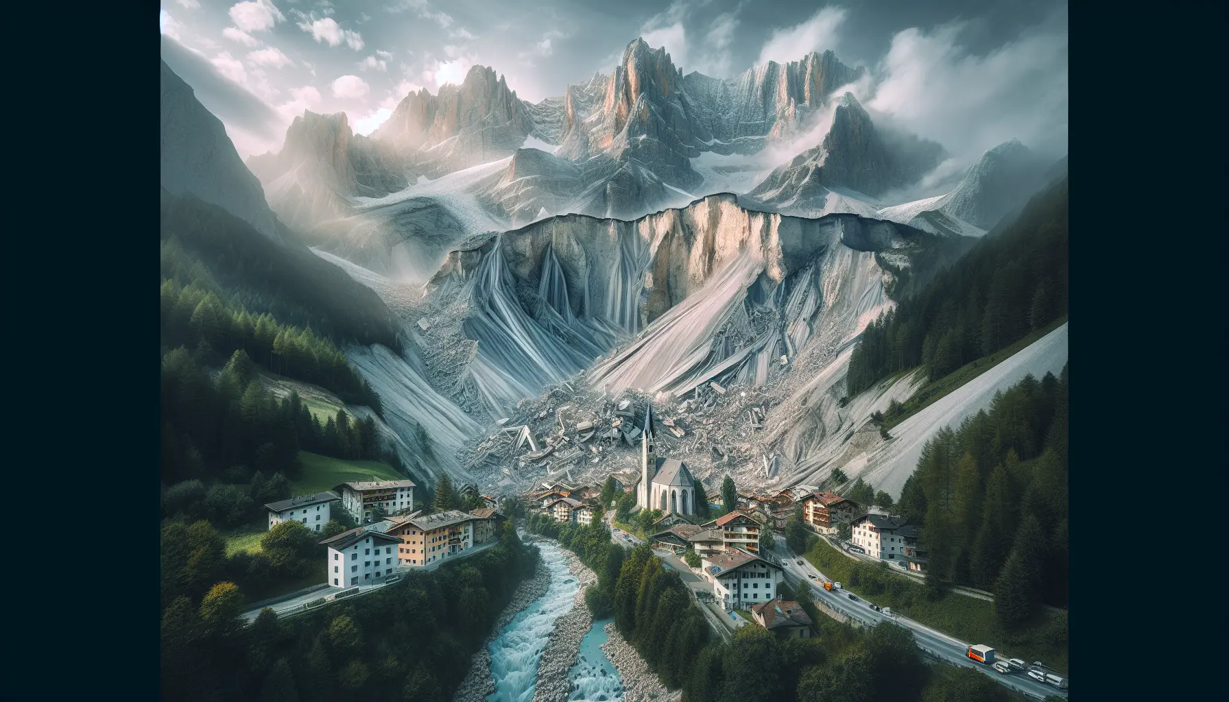 Panorama di San Vito di Cadore con segni di frana e vegetazione circostante