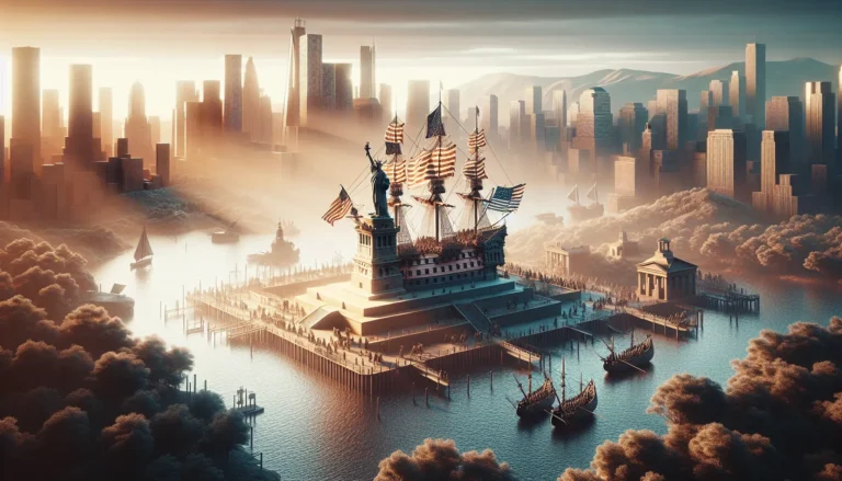 Rappresentazione della Guerra d'Indipendenza Americana con soldati e bandiere