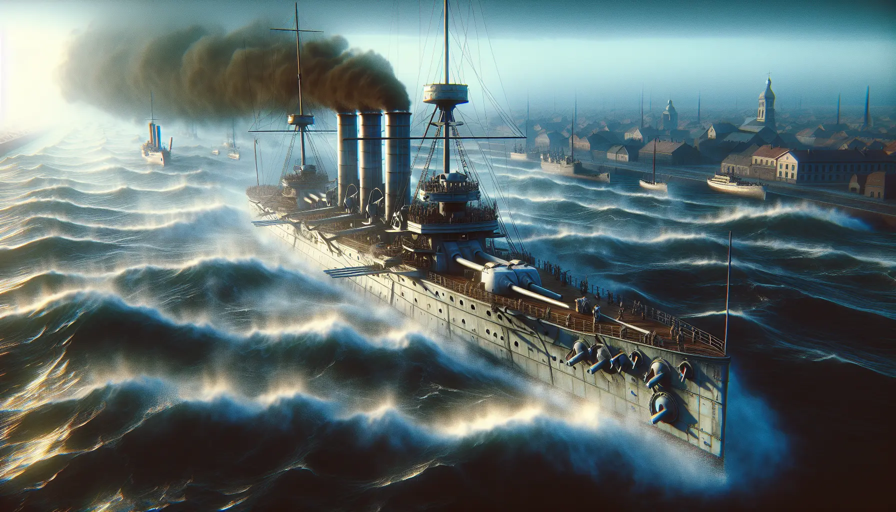 Un'immagine storica della Hochseeflotte con navi da guerra tedesche in navigazione.