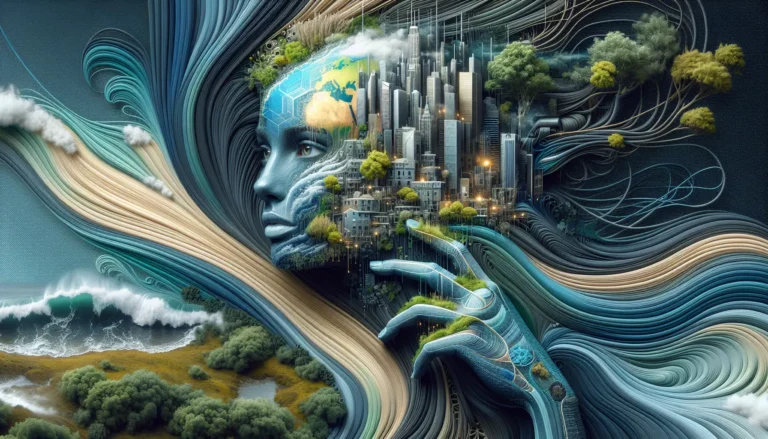 Un abito realizzato con materiali sostenibili, esposto in un ambiente naturale, simboleggiando la connessione tra moda e rispetto per l'ambiente.