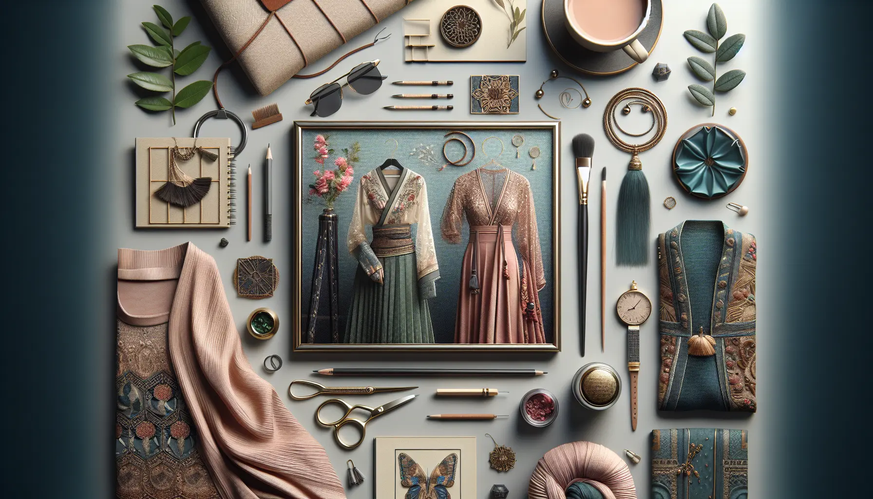 Un giovane designer al lavoro su un abito tradizionale, circondato da tessuti colorati e strumenti artigianali.