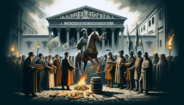 Rappresentazione artistica della Notte dei Lunghi Coltelli, evidenziando il tema della violenza e del potere.