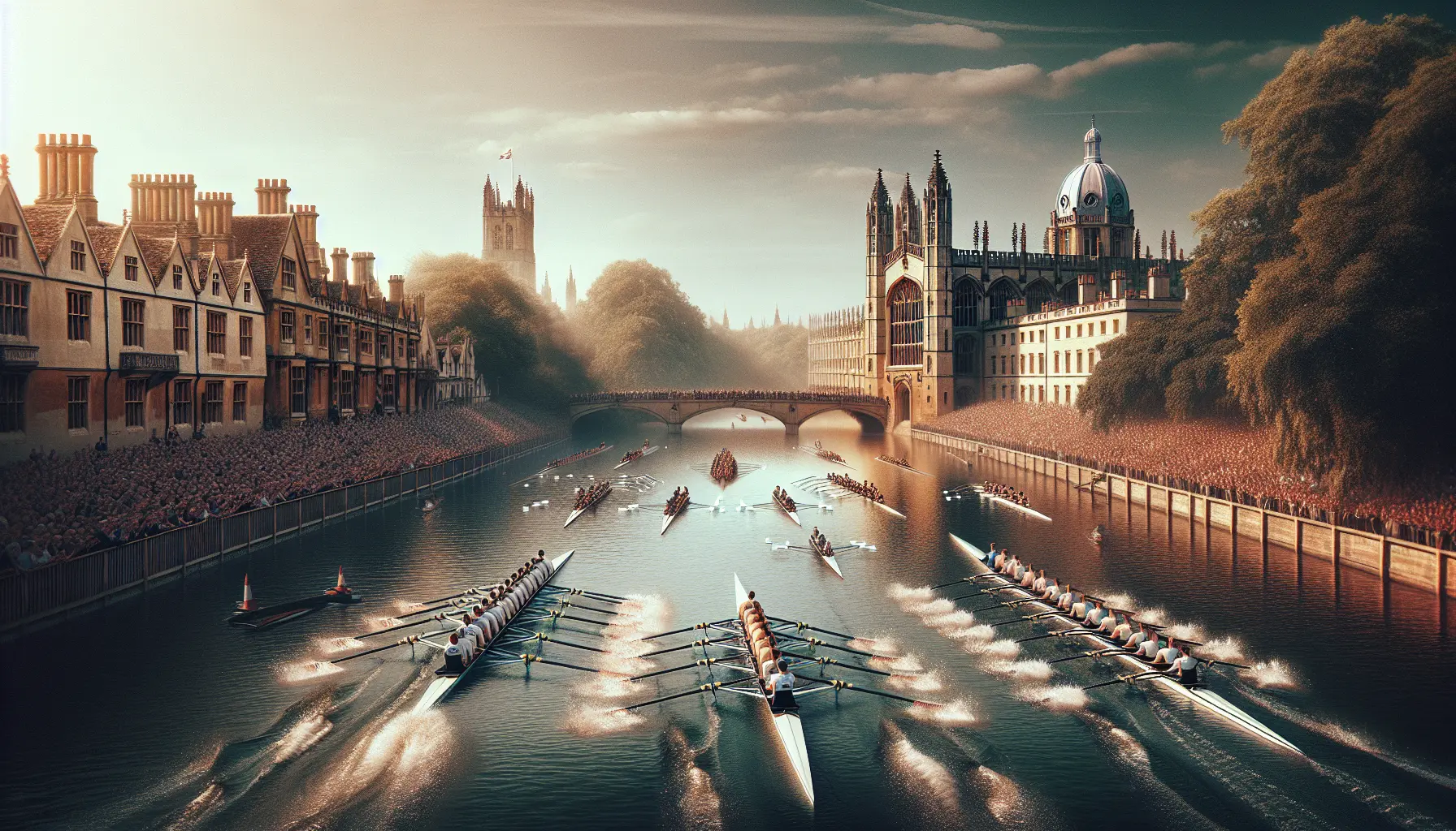 Un gruppo di canottieri in azione durante la regata Oxford-Cambridge sul fiume Tamigi, con il pubblico che assiste lungo le rive.