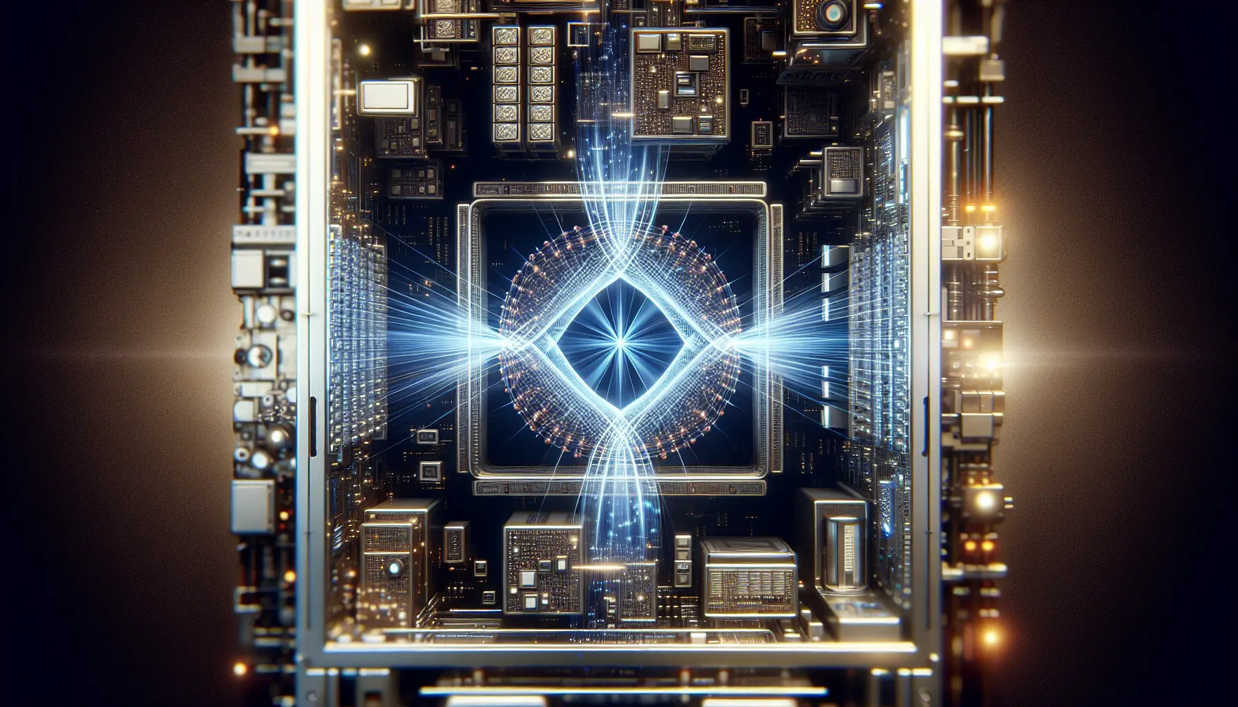 Rappresentazione grafica di un computer quantistico con circuiti e qubit in evidenza