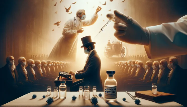 Rappresentazione storica della scoperta del vaccino antivaioloso da parte di Edward Jenner, con un medico che somministra il vaccino a un bambino.