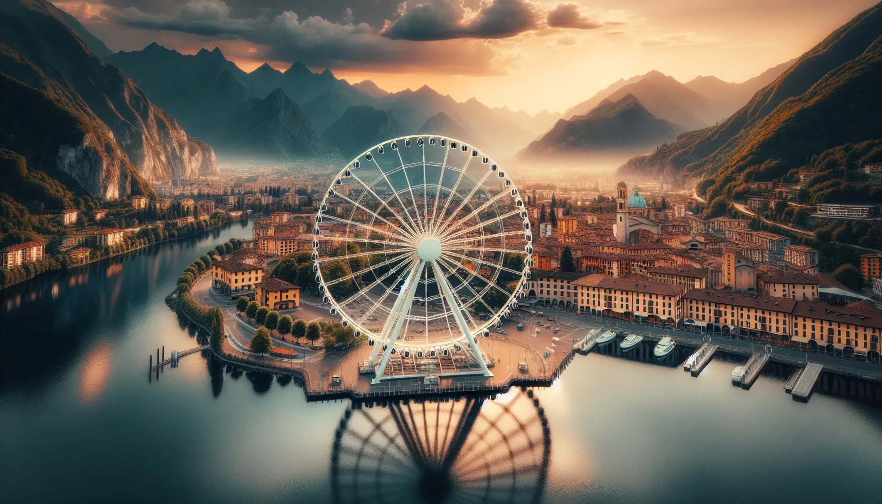 Vista panoramica dalla ruota panoramica di Lecco, con il lago di Como e le montagne sullo sfondo.