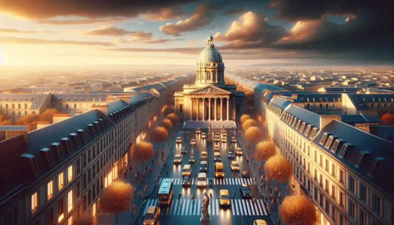 Vista della Sorbona, un'icona dell'istruzione superiore a Parigi, con architettura storica e studenti che si muovono nel campus.