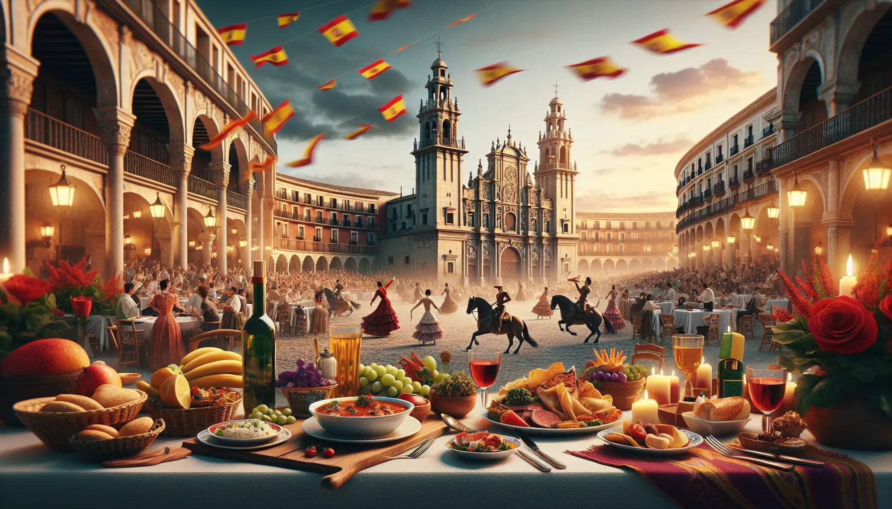 Panorama di una città spagnola con architettura storica e vivaci strade affollate