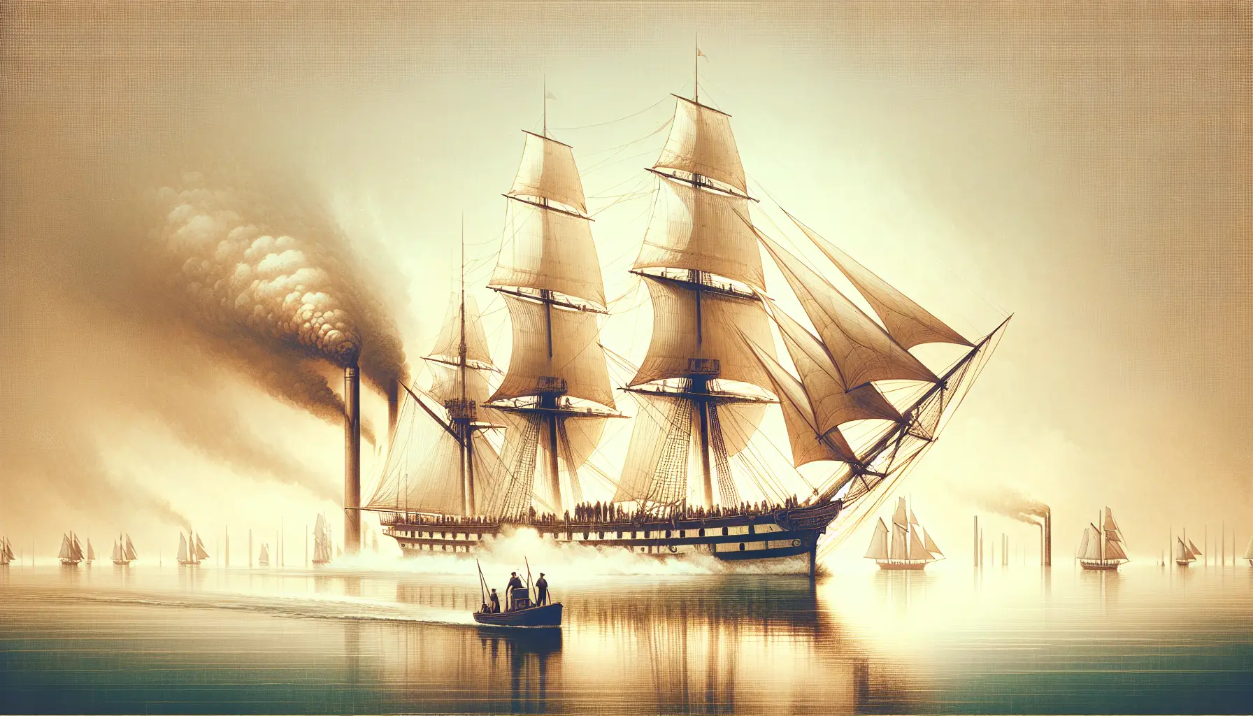 Rappresentazione del piroveliero Savannah in navigazione, con vele spiegate e ruote a pale in azione.