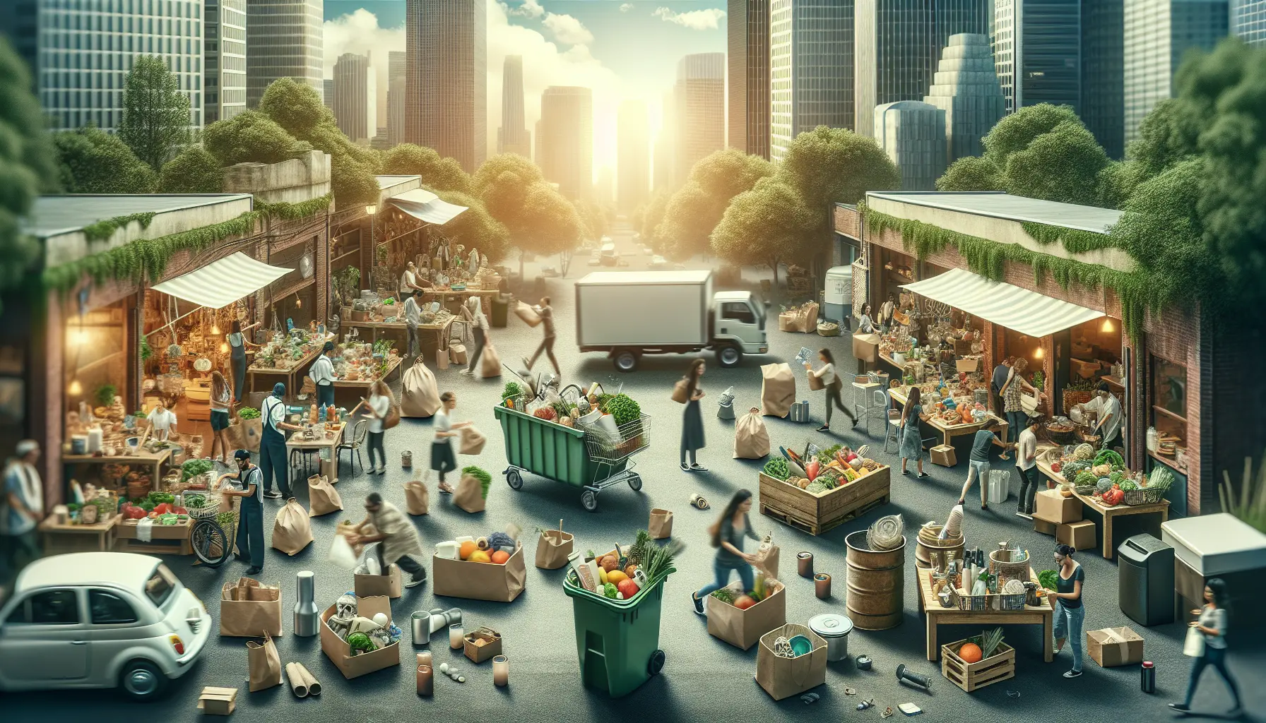 Un'immagine che rappresenta un ambiente pulito e sostenibile, con oggetti riutilizzabili e compostabili.