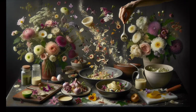 Un piatto decorato con fiori commestibili, evidenziando la bellezza e la creatività della cucina floreale.