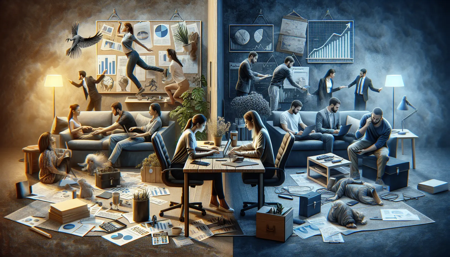 Un gruppo di professionisti che lavorano in un ambiente flessibile, con computer portatili e dispositivi mobili, che rappresentano la cultura del lavoro moderno.