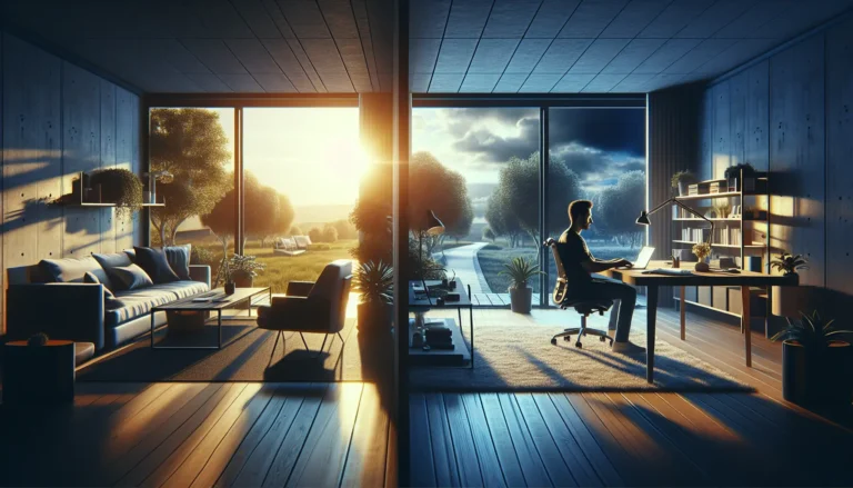 Un professionista che lavora da casa, circondato da piante e luce naturale, mentre sorseggia un caffè.