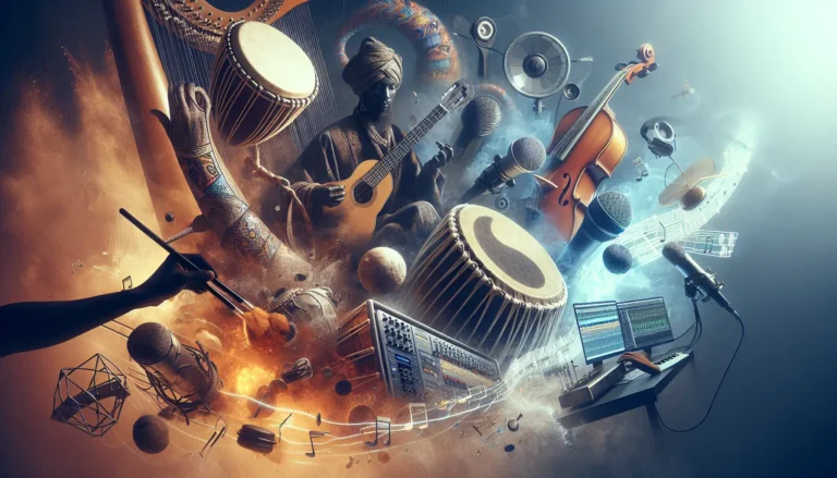 Artisti di diverse culture che suonano insieme, creando una fusione musicale unica.