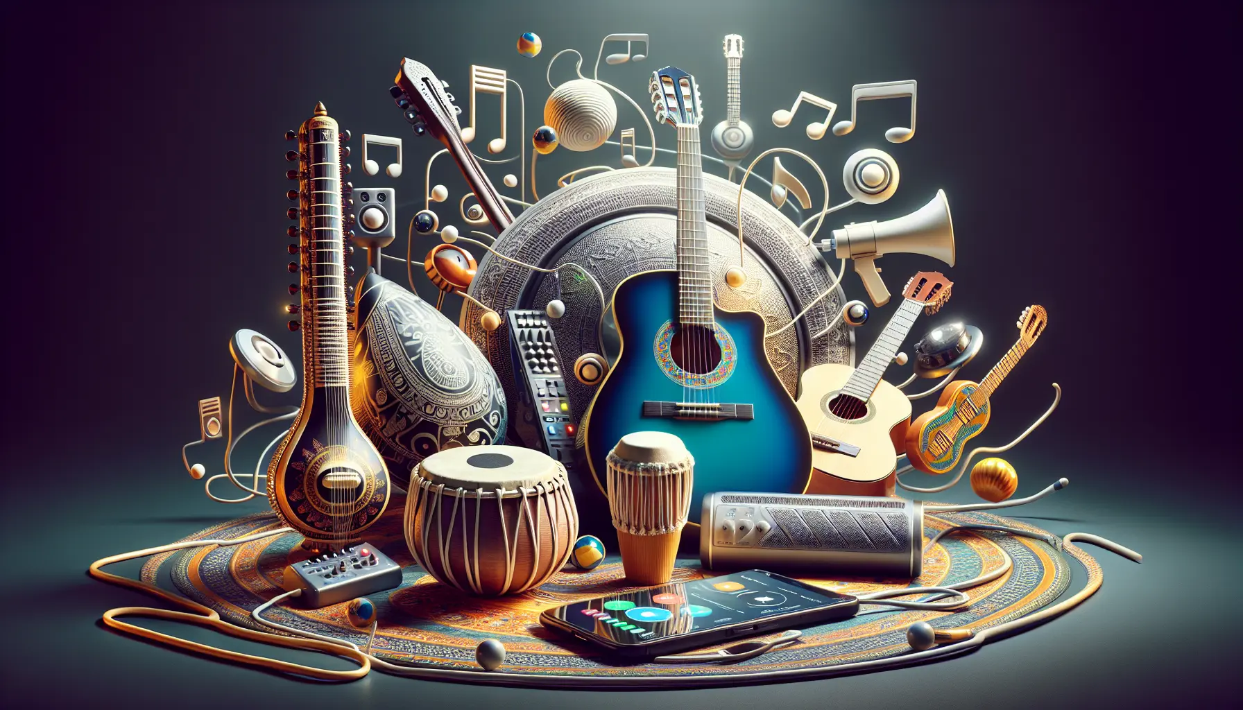 Artisti musicali di diverse culture si esibiscono insieme, rappresentando l'unione di tradizioni e stili musicali.