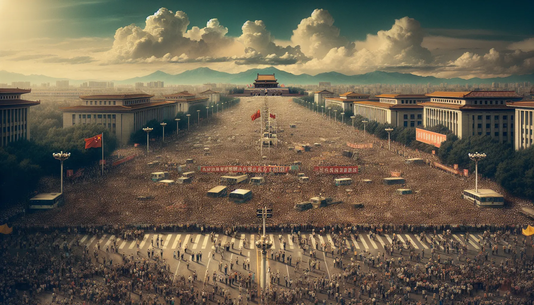 Manifestanti in piazza Tienanmen durante le proteste del 1989, con la statua della Dea della Libertà in primo piano.