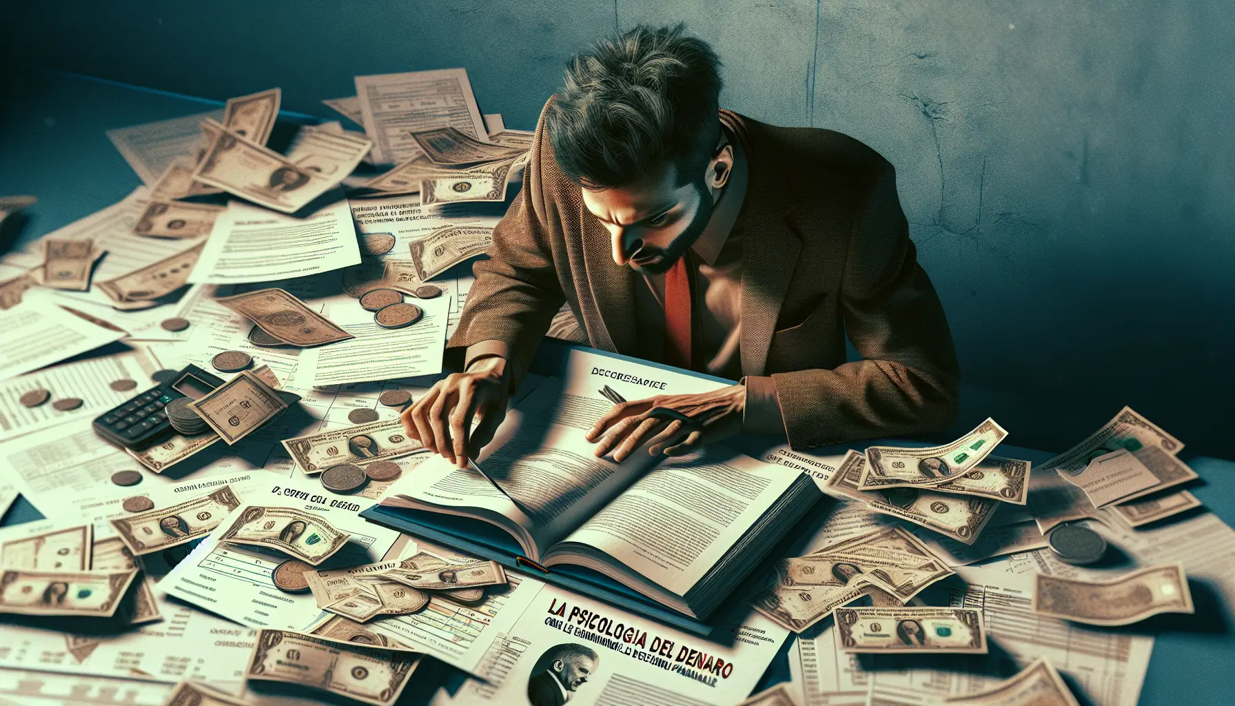 Un'immagine che rappresenta le emozioni e il denaro, con una persona che riflette sulla propria situazione finanziaria.