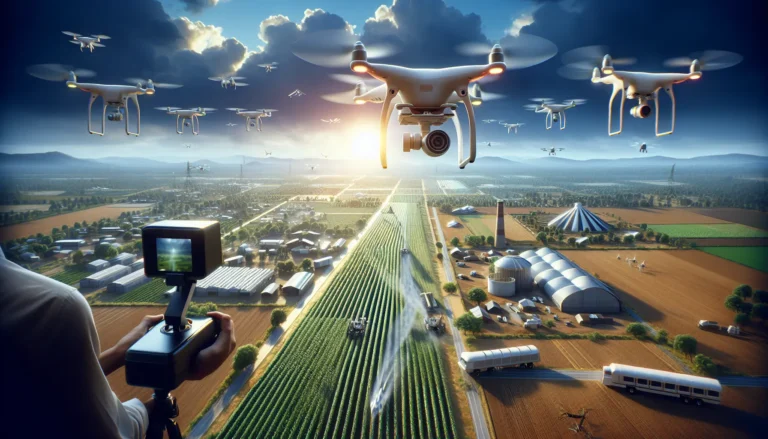 Un drone in volo sopra un campo agricolo, evidenziando l'uso della tecnologia nella moderna agricoltura di precisione.
