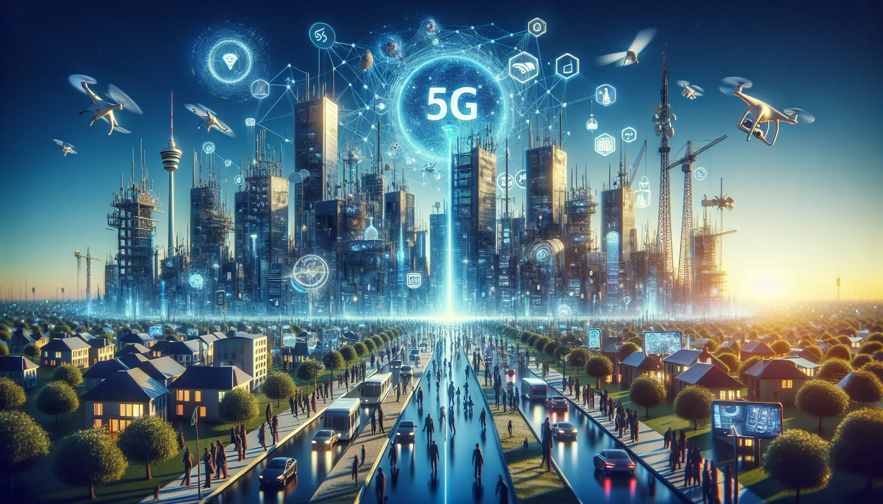 Un'immagine che rappresenta la connettività 5G con dispositivi interconnessi e una rete urbana moderna.