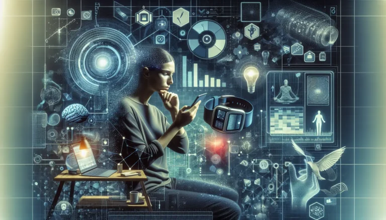 Un'immagine che rappresenta la connessione tra tecnologia e benessere personale, con dispositivi digitali e elementi naturali.