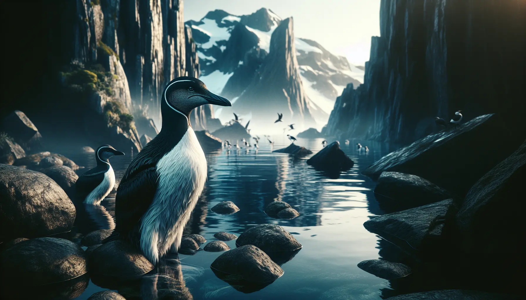 Un'immagine di un alca impenne, un uccello marino estinto, che rappresenta la biodiversità e la necessità di conservazione.