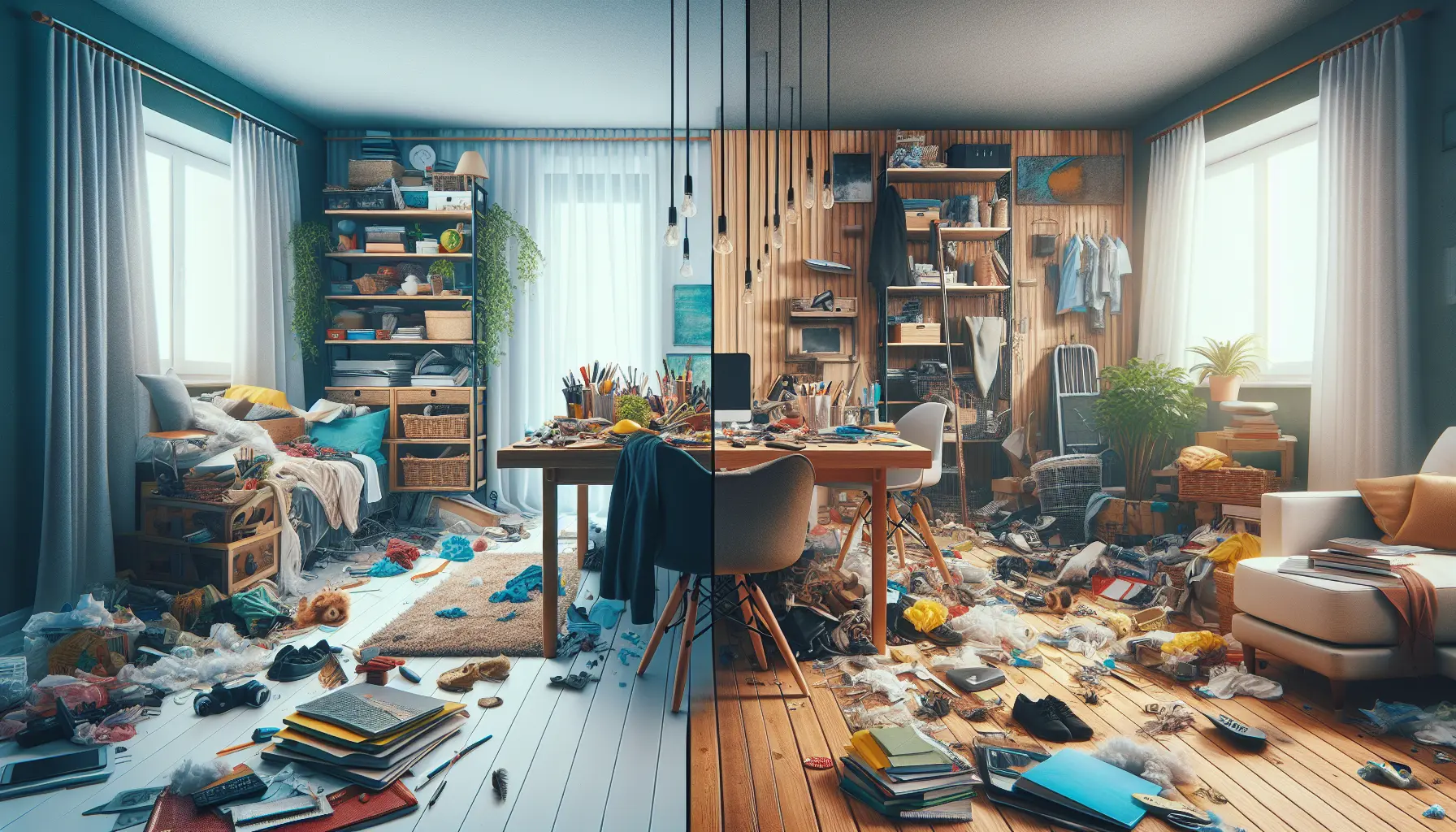 Una stanza ordinata e minimalista con piante verdi e luce naturale, simbolo di serenità e ordine.