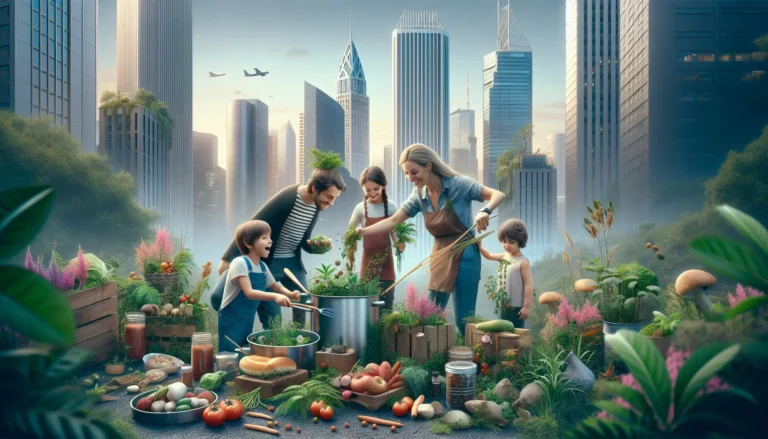 Un gruppo di persone che raccolgono ingredienti selvatici in un parco urbano