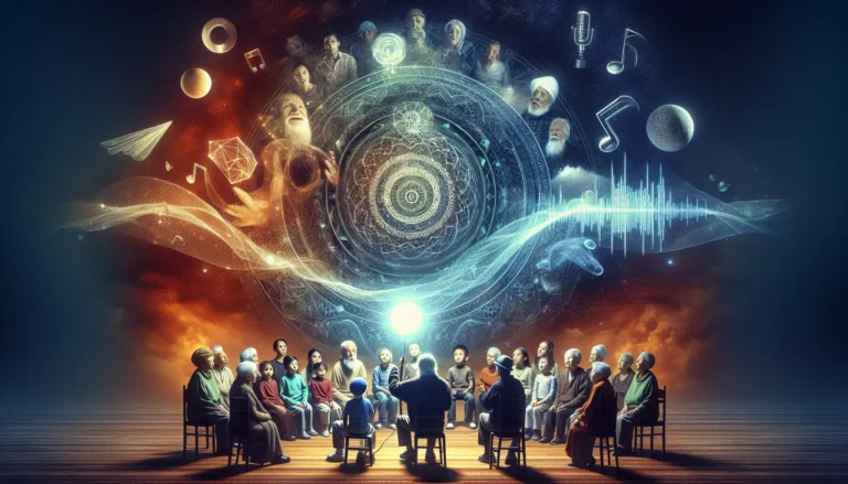 Un narratore che racconta storie attorno a un fuoco, simbolo della tradizione orale.